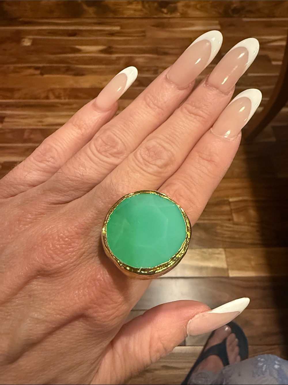 New Gold-Tone Ring with Green Chalcedony Style Stone - jade gemstone
